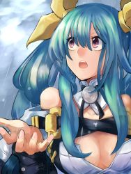 Rule 34 | 1girl, angel wings, arc system works, artist name, asymmetrical wings, bare shoulders, belt, blue hair, breasts, choker, cleavage, cloud, cloudy sky, dated, detached collar, dizzy (guilty gear), fingernails, guilty gear, guilty gear xrd, hair between eyes, hair ribbon, hair rings, highres, large breasts, long hair, looking up, mariebell, mature female, nail polish, off shoulder, open mouth, pink nails, rain, red eyes, ribbon, sidelocks, sky, solo, twintails, upper body, water drop, wings, yellow ribbon
