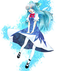 Rule 34 | 1girl, aged up, alternate hairstyle, aqua hair, bad id, bad pixiv id, blue dress, blue eyes, bow, bowtie, cirno, cross-laced footwear, dress, female focus, full body, hair bow, large bow, long hair, open mouth, pantyhose, smile, solo, touhou, white pantyhose, wings, yutazou