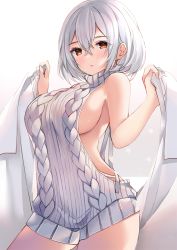 Rule 34 | 1girl, azur lane, bad id, bad twitter id, bare shoulders, blush, breasts, commentary, cowboy shot, crossed bangs, gradient background, grey background, hair between eyes, hands up, holding, large breasts, looking at viewer, meme attire, no bra, parted lips, ry thae, see-through, short hair, sideboob, sidelocks, sirius (azur lane), sleeveless, sleeveless sweater, solo, standing, star (symbol), starry background, sweater, thighs, turtleneck, turtleneck sweater, virgin killer sweater, white background, white hair, white sweater