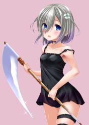 Rule 34 | 1girl, bare arms, bare shoulders, black choker, black dress, black panties, blue eyes, blush, choker, collarbone, commentary request, dress, eyes visible through hair, flower, glint, green flower, grey hair, hair flower, hair ornament, hair over one eye, highres, holding, holding scythe, holding weapon, isuzu ren, kaze makase, looking at viewer, magia record: mahou shoujo madoka magica gaiden, mahou shoujo madoka magica, open mouth, panties, pink background, scythe, simple background, skindentation, sleeveless, sleeveless dress, solo, strap slip, teeth, thigh strap, underwear, upper teeth only, weapon