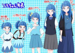 Rule 34 | 5girls, :d, age progression, aged down, aged up, ahoge, artist request, asymmetrical hair, blue background, blue dress, blue eyes, blue hair, blue skirt, blue theme, blush, bow, dress, earrings, eyelashes, hair bow, hair ornament, happy, high ponytail, high side ponytail, highres, hirogaru sky! precure, jewelry, looking at viewer, multiple girls, multiple persona, necklace, open mouth, ponytail, precure, ring, school uniform, side ponytail, skirt, smile, sora harewataru, source request, standing, time paradox, translation request, yellow bow