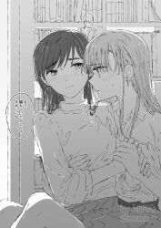 Rule 34 | 2girls, blush, bookshelf, closed mouth, collared shirt, commentary request, earrings, grabbing another&#039;s hand, greyscale, hiding, highres, hug, jewelry, long hair, medium hair, monochrome, multiple girls, muromaki, original, parted lips, shirt, sleeves past elbows, sweatdrop, translation request, yuri