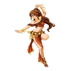 Rule 34 | 1girl, arm up, bangle, bracelet, brown hair, commentary, dancer, hair between eyes, jewelry, long hair, midriff, navel, necklace, octopath traveler, octopath traveler i, pixel art, pixelflag, ponytail, primrose azelhart, sandals, simple background, standing, standing on one leg, white background