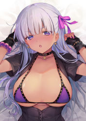 Rule 34 | 1girl, bad id, bad twitter id, bb (bb shot!) (fate), bb (fate), bb (fate) (all), bb (swimsuit mooncancer) (fate), bb (swimsuit mooncancer) (second ascension) (fate), bikini, black dress, black gloves, blush, breasts, breasts out, choker, collarbone, dark-skinned female, dark skin, dress, earrings, fate/grand order, fate (series), fingerless gloves, gloves, hair ribbon, jewelry, large breasts, long hair, looking at viewer, lying, nail polish, on back, open clothes, open dress, open mouth, pink ribbon, purple bikini, purple eyes, purple hair, ribbon, short sleeves, solo, swimsuit, very long hair, vivi (eve no hakoniwa)