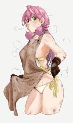 Rule 34 | 1girl, ahoge, akashi (kancolle), apron, apron lift, bikini, blunt tresses, breasts, brown apron, brown gloves, buttons, clothes lift, collarbone, colorized, commentary, cowboy shot, cropped legs, dirty, gloves, green bikini, green eyes, grey background, hair ribbon, highres, hot, infini, kantai collection, leather, leather gloves, long hair, looking at viewer, medium breasts, nearly naked apron, pink hair, puff of air, red ribbon, removing bra, removing bra under shirt, ribbon, side-tie bikini bottom, sideboob, simple background, smudge, solo, stained clothes, steam, sweat, swimsuit, thighs, tress ribbon, underboob, undressing, uyama hajime