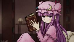Rule 34 | 1girl, artist name, blue ribbon, blunt bangs, blurry, blurry background, book, bookshelf, capelet, commentary, couch, crescent, crescent pin, dark background, desk, desk lamp, dress, from side, hat, hat ribbon, highres, holding, holding book, lamp, library, light particles, long hair, long sleeves, looking at viewer, mob cap, nekoshad, open book, patchouli knowledge, pink capelet, pink dress, purple eyes, purple hair, red ribbon, ribbon, sitting, smile, solo, star (symbol), touhou, very long hair, watermark