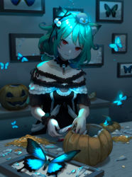 Rule 34 | 1girl, :d, animal, animal ears, bare shoulders, black collar, black dress, black ribbon, blood, blood on hands, broken glass, bug, butterfly, cat ears, collar, collarbone, commentary, cutting, detached collar, dress, english commentary, frills, glass, green butterfly, green hair, hair ornament, hair ribbon, halloween, highres, hololive, insect, jack-o&#039;-lantern, kamui (kamuikaoru), looking at viewer, off-shoulder dress, off shoulder, open mouth, pumpkin, red eyes, ribbon, scrunchie, short sleeves, smile, solo, upper body, uruha rushia, uruha rushia (3rd costume), virtual youtuber, wrist scrunchie