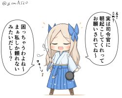 Rule 34 | 1girl, asakaze (kancolle), blue bow, blue hakama, boots, bow, brown footwear, chibi, commentary request, cross-laced footwear, closed eyes, forehead, frying pan, full body, goma (yoku yatta hou jane), hair bow, hakama, hakama skirt, holding, japanese clothes, kantai collection, kimono, lace-up boots, ladle, legs apart, light brown hair, long hair, meiji schoolgirl uniform, musical note, one-hour drawing challenge, open mouth, quaver, sidelocks, skirt, smile, solo, speech bubble, standing, translation request, twitter username, wavy hair, white kimono
