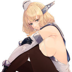 Rule 34 | 1girl, black gloves, black pantyhose, blonde hair, blue eyes, braid, breasts, capelet, colorado (kancolle), detached sleeves, dress, elbow gloves, fuwafuwatoufu, garrison cap, gloves, grey capelet, grey dress, grey hat, hat, headgear, highres, huge breasts, kantai collection, lattice mast, pantyhose, parted lips, pleated dress, sad, shirt, short hair, side braids, sideboob, simple background, sitting, sleeveless, solo, white background, white shirt