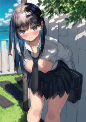 Rule 34 | 1girl, absurdres, arms behind back, bag, beach, bent over, black hair, black skirt, blue eyes, blue hair, blue sky, blunt bangs, blurry, blurry background, blush, bokeh, breasts, breasts out, closed mouth, cloud, cloudy sky, collarbone, collared shirt, colored inner hair, day, depth of field, dress shirt, grass, highres, horizon, kneehighs, leaf, long hair, looking at viewer, melonbooks, miniskirt, multicolored hair, necktie, nipples, ocean, one side up, open clothes, open shirt, original, outdoors, pleated skirt, ranf, school bag, school uniform, shirt, short sleeves, shoulder bag, sidelocks, skirt, sky, smile, socks, solo, tree, water, white shirt, wing collar