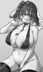 Rule 34 | 1girl, areola slip, bespectacled, between breasts, bikini, bikini pull, bikini top only, blush, breasts, breath, chain, chain between breasts, chain headband, clothes pull, collar, collarbone, curvy, female pubic hair, glasses, greyscale, hair intakes, head chain, highres, hololive, hololive english, huge breasts, jewelry, looking at viewer, monochrome, navel, ouro kronii, pubic hair, round eyewear, short hair, simple background, solo, swimsuit, tentopus, thighhighs, veil, virtual youtuber