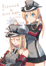 Rule 34 | &gt;:), 10s, 2girls, anchor hair ornament, bad id, bad pixiv id, bismarck (kancolle), blonde hair, c:, character name, gloves, green eyes, hair ornament, hat, kantai collection, microskirt, military, military uniform, multiple girls, nunucco, prank, prinz eugen (kancolle), revision, skirt, sleeping, slug, smile, twintails, uniform, v-shaped eyebrows, zzz