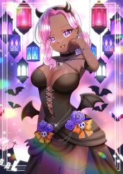 1girl animal bare_shoulders bat_(animal) black_choker black_dress black_hairband black_wings bow breasts choker cleavage commentary_request commission copyright_request dark-skinned_female dark_skin dress fake_horns flower forehead hair_bun hairband hand_up horns kou_hiyoyo lantern looking_at_viewer low_wings medium_breasts mini_wings orange_bow pink_hair purple_eyes purple_flower purple_rose rose skeb_commission skull smile solo standing strapless strapless_dress virtual_youtuber wings