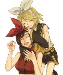 Rule 34 | 2girls, age difference, bow, breasts, child, hair ornament, hairpin, headphones, hug, kagamine rin, meiko (vocaloid), multiple girls, nail polish, onee-loli, red nails, shorts, transparent background, vocaloid, yellow nails, yuri