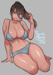 Rule 34 | 1girl, agawa ryou, arm support, artist name, bare shoulders, barefoot, bikini, blue bikini, breasts, brown hair, cleavage, collarbone, commentary, dated, english commentary, full body, gradient hair, grey background, groin, hair between eyes, hair over one eye, hand up, hands in hair, large breasts, light brown hair, linea alba, long hair, looking at viewer, multicolored hair, navel, numbered, original, parted lips, ponytail, sidelocks, simple background, sitting, skindentation, solo, straight hair, striped, swimsuit, tsurime, two-tone hair, vertical stripes, yellow eyes, yokozuwari