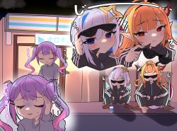 Rule 34 | 3girls, adidas, ahoge, alternate costume, amane kanata, angel, angel wings, black hairband, black jacket, black pants, blonde hair, blue hair, blunt bangs, blush, bow, brown footwear, casual, closed eyes, colored inner hair, commentary, commentary request, convenience store, cup ramen, diagonal-striped bow, dragon girl, dragon horns, dragon tail, feathered wings, frown, grey sweater, hair between eyes, hair ornament, hairband, hairclip, halo, highres, holding, holding removed eyewear, hololive, horn bow, horn ornament, horns, jacket, kiryu coco, logo, long hair, long sleeves, multicolored hair, multiple girls, night, orange hair, outdoors, pants, pointy ears, purple eyes, purple hair, sakuramochi (sakura frappe), shop, short hair, silver hair, slav squatting, squatting, streaked hair, striped, striped bow, sunglasses, sweat, sweater, symbol-only commentary, tail, tokoyami towa, track suit, translation request, twintails, unworn eyewear, virtual youtuber, wings