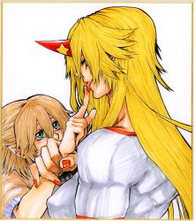 Rule 34 | 2girls, absurdres, blonde hair, blood, blush, brown shirt, commentary request, green eyes, green nails, hair between eyes, half updo, highres, holding another&#039;s wrist, horns, hoshiguma yuugi, licking, licking blood, licking finger, long hair, looking at another, matsuri kyuuta, mizuhashi parsee, multiple girls, nail polish, open mouth, pointy ears, red horns, red nails, shirt, short hair, short sleeves, simple background, single horn, smile, star (symbol), touhou, traditional media, upper body, white background