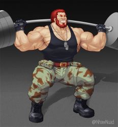 Rule 34 | 1boy, bara, beard, belt, body hair, closed eyes, exercising, facial hair, fate/grand order, fate (series), iskandar (fate), jewelry, large pectorals, male focus, manly, muscular, necklace, nhawnuad, nipple slip, nipples, pants, pectorals, red hair, scar, shoes, simple background, solo, tank top, weightlifting