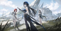 Rule 34 | 3girls, arm under breasts, baizhi (wuthering waves), bare shoulders, black gloves, black hair, black pantyhose, black thighhighs, blue headwear, breasts, chixia (wuthering waves), city, commentary request, day, detached sleeves, dutch angle, gloves, half gloves, highres, holding, holding sword, holding weapon, large breasts, long hair, looking at viewer, medium breasts, multiple girls, outdoors, pantyhose, red hair, reoen, short hair, single glove, single thighhigh, sword, thigh strap, thighhighs, weapon, wuthering waves, yangyang (wuthering waves)
