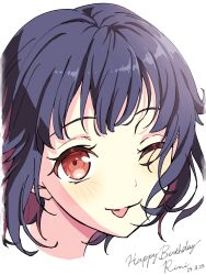 Rule 34 | 1girl, ;p, absurdres, bang dream!, black hair, character name, close-up, closed mouth, commentary, cropped head, dated, hair flowing over, happy birthday, highres, light blush, looking at viewer, nobusawa osamu, one eye closed, red eyes, short hair, sidelocks, simple background, smile, solo, tongue, tongue out, ushigome rimi, white background