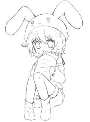 Rule 34 | 1girl, aged down, animal hat, bad id, bad pixiv id, berry (strawberry 6), carrot, greyscale, hat, highres, kagamine rin, lineart, monochrome, open mouth, oversized object, rabbit hat, solo, transparent background, vocaloid