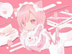 Rule 34 | 1girl, absurdres, animal ear fluff, animal ears, apron, arisaki (cnxy7525), blush, bow, cable, cake, cake slice, cat ears, cat girl, cellphone, chibi, cookie, cup, dress, eating, food, fork, hair bow, highres, holding, holding cake, holding food, looking at viewer, maid, maid apron, maid headdress, medium hair, mitsurugi lia, oversized food, oversized object, phone, pink dress, pink eyes, pink hair, pink theme, pocky, popcorn, smartphone, sugar cube, sweets, utensil in mouth, virtual youtuber, wactor production, white bow