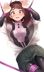 Rule 34 | bdsm, black bodysuit, blush, bodysuit, bodysuit under clothes, boku no hero academia, bondage, bound, bound legs, bound wrists, breasts, brown eyes, brown hair, claw pose, doyachii, dress shirt, embarrassed, grey skirt, hands up, highres, long sleeves, looking at viewer, medium breasts, nervous, nose blush, open clothes, open mouth, open shirt, pleated skirt, purple ribbon, raised eyebrows, ribbon, school uniform, shirt, short hair, short sleeves, simple background, skirt, solo, u.a. school uniform, uraraka ochako, white background, white shirt, worried