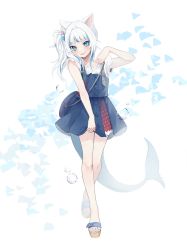 Rule 34 | 1girl, absurdres, animal ears, bag, blue dress, blue eyes, blue hair, cat ears, commentary, dress, english commentary, fins, fish tail, full body, gawr gura, gawr gura (casual), highres, hololive, hololive english, legs, long hair, looking at viewer, multicolored hair, nail polish, official alternate costume, sandals, shark tail, sharp teeth, short sleeves, side ponytail, smile, solo, standing, tail, teeth, toenail polish, toenails, toes, two-tone hair, virtual youtuber, white hair, yoclesh