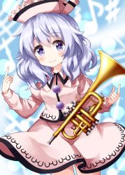Rule 34 | 1girl, blue background, buttons, closed mouth, collared vest, cowboy shot, eighth note, floating, frilled hat, frills, hat, highres, instrument, light purple hair, long sleeves, looking at viewer, medium hair, merlin prismriver, musical note, pink hat, pink skirt, pink vest, pointing, purple eyes, quarter note, ruu (tksymkw), sharp sign, skirt, smile, solo, staff (music), standing, touhou, trumpet, vest