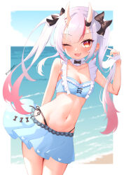 Rule 34 | 1girl, ;d, absurdres, bikini, bikini skirt, black bikini, black bow, black bowtie, black ribbon, blue bikini, blush, border, bow, bowtie, breasts, cleavage, cloud, collarbone, detached collar, earrings, fang, gradient hair, hair bow, hair ornament, highres, hololive, horn ornament, horn ribbon, horns, jewelry, long hair, looking at viewer, medium breasts, multicolored hair, nakiri ayame, nakiri ayame (hololive summer 2019), navel, one eye closed, oni, open mouth, outdoors, red eyes, red hair, ribbon, shell, shell earrings, side-tie bikini bottom, skin-covered horns, skin fang, sky, smile, solo, standing, stomach, streaked hair, swimsuit, twintails, virtual youtuber, white border, white hair, yoshie eneko