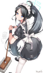 Rule 34 | 1girl, absurdres, apron, aris (blue archive), aris (maid) (blue archive), black hair, blue archive, blue eyes, highres, honeydog0002, long hair, looking at viewer, maid, maid headdress, ponytail, sidelocks, smile, solo, thighhighs, white apron, white thighhighs