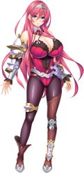 Rule 34 | 1girl, armor, asymmetrical footwear, black pantyhose, blue eyes, boots, breasts, cleavage, detached sleeves, full body, hairband, hayama kazusa, highres, huge breasts, leotard, long hair, nanatsuzaka miori, official art, pantyhose, pink hair, princess heart link ~kenki-tachi no enbu~, smile, solo, standing, steel-toe boots, thigh boots, thighhighs, transparent background, uneven footwear