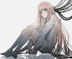 Rule 34 | 1girl, blue eyes, blunt bangs, blush, bright pupils, brown background, cable, closed mouth, from side, grey hoodie, grey socks, head tilt, hood, hood down, hoodie, light brown hair, long hair, long sleeves, looking at viewer, no shoes, original, reflection, simple background, sitting, smile, socks, solo, swav, very long hair
