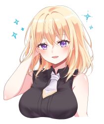 Rule 34 | 1girl, adjusting hair, bang dream!, bang dream! it&#039;s mygo!!!!!, black shirt, blonde hair, blush, breasts, collared shirt, commentary, cropped arms, earrings, highres, jewelry, large breasts, looking at viewer, medium hair, misumi uika, necktie, portrait, ppora, purple eyes, shirt, simple background, single earring, sleeveless, sleeveless shirt, smile, solo, sparkle, white background, white necktie