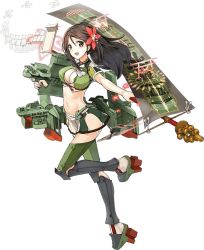 Rule 34 | 10s, 1girl, :d, amagi (kancolle), amagi kai (kancolle), breasts, brown eyes, brown hair, cleavage, flag, flight deck, full body, kantai collection, kuuro kuro, large breasts, long hair, looking at viewer, machinery, miniskirt, mole, mole under eye, navel, official art, open mouth, ponytail, shikigami, skirt, smile, solo, thighhighs, transparent background, zettai ryouiki