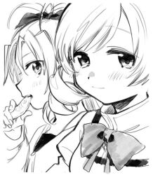 Rule 34 | 2girls, antenna hair, backless dress, backless outfit, blush stickers, bow, bowtie, closed mouth, collared shirt, commentary request, dress, drill hair, eating, food, food request, greyscale, hair bow, high collar, holding, holding food, jacket, juliet sleeves, long hair, long sleeves, looking at viewer, mahou shoujo madoka magica, mahou shoujo madoka magica (anime), mitakihara school uniform, monochrome, multiple girls, no+bi=, puffy sleeves, sakura kyoko, school uniform, shirt, simple background, smile, teeth, tomoe mami, twin drills, upper body, white background, zipper pull tab