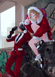 Rule 34 | 1boy, 1girl, alternate costume, alternate hairstyle, bare legs, black footwear, black gloves, black neckwear, blonde hair, boku no hero academia, bubaigawara jin, christmas, commentary, fangs, full body, fur-trimmed jacket, fur trim, gloves, graffiti, hat, highres, holding, hood, hood up, jacket, knee up, looking up, maemaesp, mask, messy hair, necktie, pants, red jacket, red pants, santa costume, santa hat, shirt, shoes, sitting, striped, symbol-only commentary, toga himiko, tongue, tongue out, trash bag, white footwear, white shirt