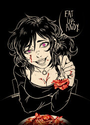 Rule 34 | 1girl, absurdres, artist name, ashley graves, black background, black hair, blood, breasts, choker, cleavage, food, highres, looking at viewer, meat, medium breasts, open mouth, pink eyes, rawmune, solo, teeth, the coffin of andy and leyley
