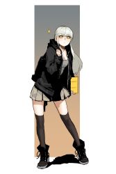 Rule 34 | 1girl, absurdres, ankle boots, backpack, bag, black footwear, black jacket, boots, braid, breasts, bright pupils, brown thighhighs, cleavage, closed mouth, contrapposto, french braid, full body, gogalking, gradient background, grey shirt, grey skirt, hand up, highres, holding, hood, hood down, hooded jacket, jacket, junior (gogalking), long hair, long sleeves, looking at viewer, open clothes, open jacket, original, pleated skirt, shirt, skirt, solo, standing, thighhighs, white pupils, yellow eyes