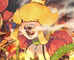 Rule 34 | 1girl, 2boys, bad id, bad pixiv id, balloon, blonde hair, blue overalls, breasts, breath weapon, breathing fire, brown hair, cage, cave, dress, earrings, facial hair, fire, flying, giant, giantess, gloss (hotglossed), gloves, glowing, glowing mouth, highres, jewelry, lava, lava piranha, looking at another, mario, mario (series), multiple boys, mustache, nintendo, no pupils, open mouth, overalls, paper mario, paper mario 64, personification, plant, red dress, red headwear, red shirt, sharp teeth, shirt, size difference, steam, super crown, teeth, thorns, toad (mario), underground, uvula, vines, white gloves