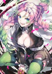Rule 34 | 1girl, belt, black skirt, braid, breasts, cleavage, coat, glint, gradient hair, green eyes, green hair, green thighhighs, haori, japanese clothes, kanroji mitsuri, katana, kimetsu no yaiba, large breasts, long sleeves, looking at viewer, miniskirt, mole, mole under eye, multicolored hair, noes, open mouth, parted bangs, partially unbuttoned, petals, pink hair, pleated skirt, ribbed legwear, short hair with long locks, skirt, smile, solo, squatting, sword, thighhighs, thighs, tri braids, two-tone hair, weapon, whip sword, zettai ryouiki