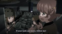 Rule 34 | &gt; &lt;, 10s, alisa (girls und panzer), animated, animated gif, blonde hair, brown eyes, brown hair, clenched teeth, closed eyes, fangs, freckles, girls und panzer, grimace, hair ornament, helmet, helmet-chan (girls und panzer), jacket, long hair, m4 sherman, military, military uniform, military vehicle, motor vehicle, multiple girls, non-repeating animation, non-web source, short twintails, star (symbol), star hair ornament, subtitled, tank, tank interior, tears, teeth, twintails, uniform, watermark