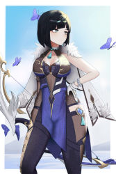 Rule 34 | 1girl, absurdres, black hair, blunt bangs, bob cut, bodystocking, bow (weapon), bra, breasts, bug, butterfly, capelet, cleavage, crossbow, fishnets, fur trim, genshin impact, gloves, green eyes, hand on own hip, highres, holding, holding weapon, insect, kcar66t, large breasts, looking to the side, revision, short hair, solo, underwear, vision (genshin impact), weapon, white gloves, yelan (genshin impact)