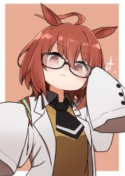 Rule 34 | 1girl, agnes tachyon (umamusume), ahoge, animal ears, black-framed eyewear, black neckwear, black shirt, blush, breasts, brown background, brown eyes, brown hair, closed mouth, collared shirt, glasses, hair between eyes, highres, horse ears, i.u.y, lab coat, long sleeves, looking at viewer, open clothes, shirt, sleeves past fingers, sleeves past wrists, small breasts, smile, solo, sparkle, sweater vest, two-tone background, umamusume, upper body, white background