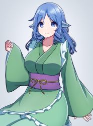 Rule 34 | 1girl, animal ears, blue eyes, blue hair, breasts, cleavage, collarbone, drill hair, drill sidelocks, fins, grey background, hashi2387, head fins, highres, japanese clothes, kimono, large breasts, long hair, long sleeves, looking at viewer, mermaid, monster girl, obi, sash, sidelocks, sleeves past wrists, smile, solo, touhou, wakasagihime, wide sleeves