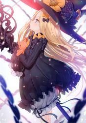 Rule 34 | 1girl, abigail williams (fate), absurdres, black bow, black dress, black hat, blonde hair, bloomers, blue eyes, blurry, blurry background, blurry foreground, blush, bow, bug, butterfly, depth of field, dress, fate/grand order, fate (series), hair bow, hat, highres, hugging object, insect, long hair, long sleeves, looking away, multiple hair bows, non-web source, orange bow, parted bangs, parted lips, polka dot, polka dot bow, profile, scan, sleeves past fingers, sleeves past wrists, solo, stuffed animal, stuffed toy, tears, teddy bear, underwear, very long hair, white background, white bloomers, witch hat, yano mitsuki (nanairo)