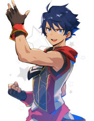 Rule 34 | 1boy, armpits, blue eyes, blue hair, clenched hand, fingerless gloves, gloves, hand up, idolmaster, idolmaster side-m, male focus, official alternate costume, ponzu (beetle burner), simple background, sleeveless, smile, solo, taiga takeru, toned, toned male, upper body, white background