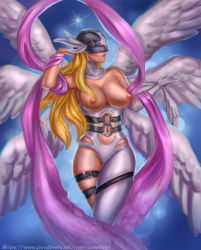 Rule 34 | 1girl, angewomon, armi-tiss, asymmetrical clothes, belt, blonde hair, bodysuit, breasts, covered eyes, digimon, digimon adventure, elbow gloves, feathered wings, gloves, head wings, helmet, highres, large breasts, long hair, multiple belts, multiple wings, nipples, single elbow glove, single pantsleg, skin tight, solo, thick thighs, thigh strap, thighs, white bodysuit, white gloves, white wings, wings, wrist wings
