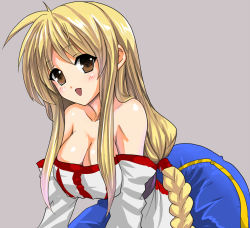 Rule 34 | 1girl, arc the lad, arc the lad ii, bare shoulders, blonde hair, braid, breasts, brown eyes, cleavage, dress, erugiza, female focus, lieza (arc the lad), long hair, open mouth, simple background, single braid, solo