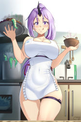 Rule 34 | 1girl, absurdres, apron, blush, bowl, breasts, castell, cleavage, closed mouth, collarbone, covered navel, highres, holding, holding bowl, holding tray, horns, indoors, large breasts, licking lips, long hair, looking at viewer, nail polish, naked apron, oni, parted bangs, ponytail, pot, purple eyes, purple nails, shion (tensei shitara slime datta ken), single horn, sink, smile, solo, tensei shitara slime datta ken, thighs, tongue, tongue out, tray, white apron